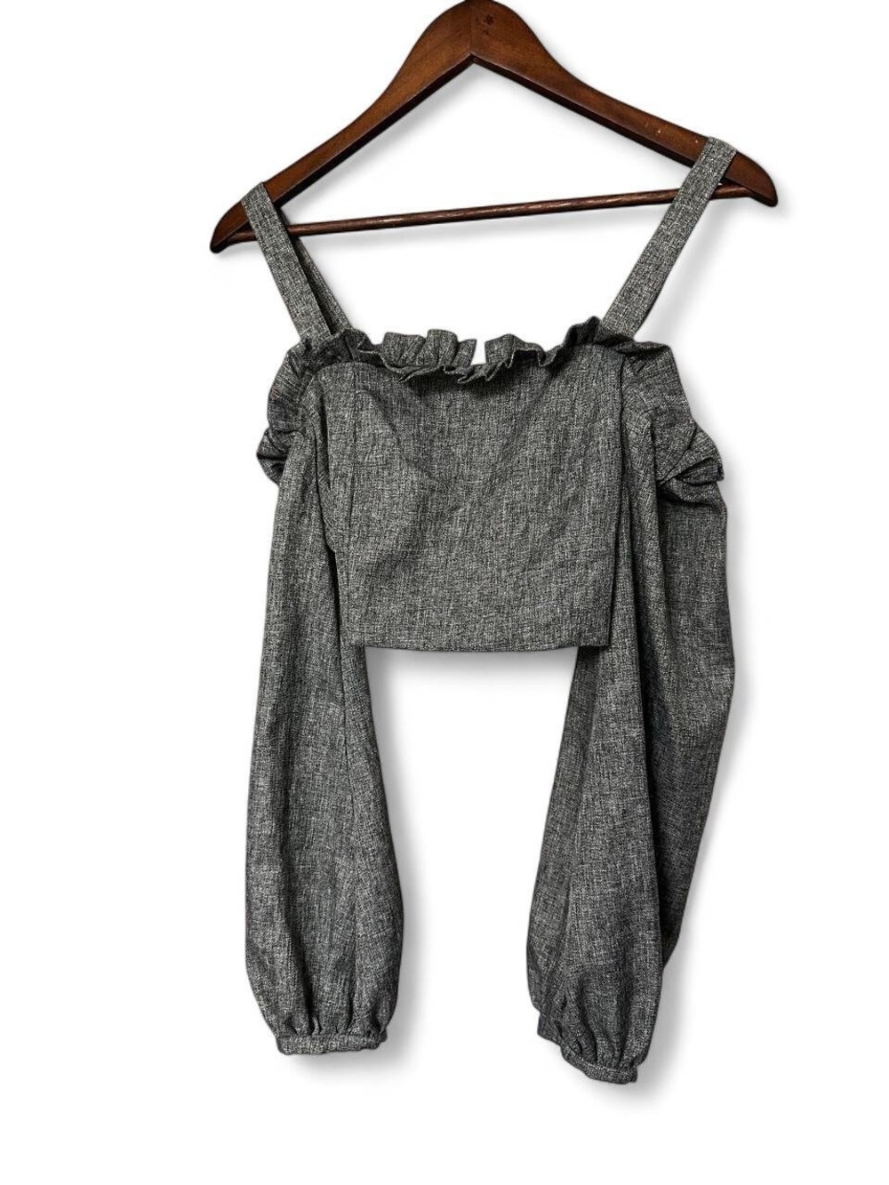 DO+BE Ruffle Off Shoulder Crop Top Grey Heathered Long Sleeve Back Zip Size S
